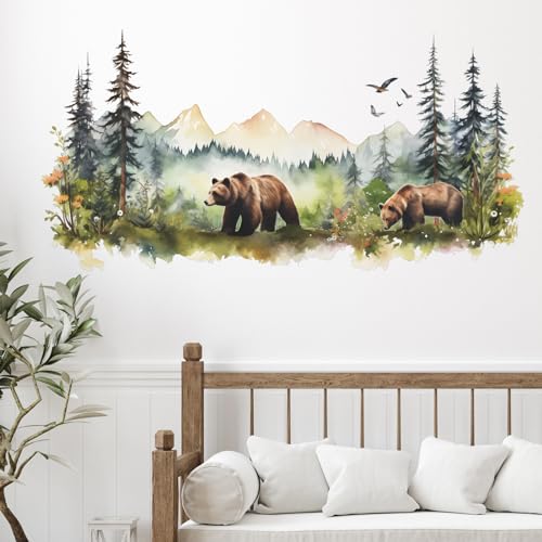 Eutecado Animals Wall Stickers Mountain Forest Wall Decal for Nursery Bedroom, Wild Jungle Animal Wall Deals Vivid Bears Wall Art Murals Peel and Stick Home Decors for Study Room Living Room