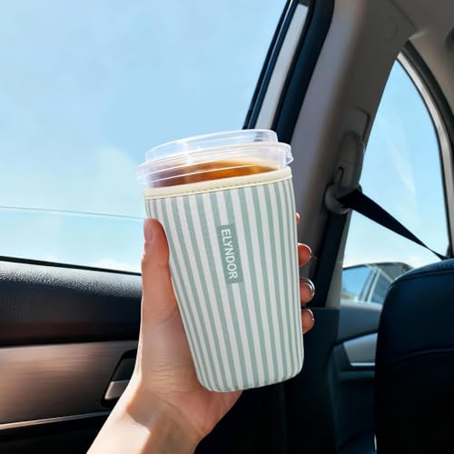 Image of Reusable Insulated Sleeve for Iced Coffee Cup, 3-Pack Coffee Neoprene Drink Sleeve for Cold & Hot Drinks, Beverage Holder for Iced Coffee (Green Stripes)