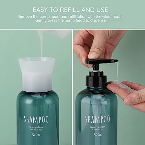 Image of Shampoo Bottles with 2 Extra Pumps, Segbeauty 3pcs 16.9oz Bathroom Shampoo and Conditioner Dispenser with Funnel, 500ml Empty Plastic Refillable Shampoo Bottles for Shower, Large Pump Bottles Blue