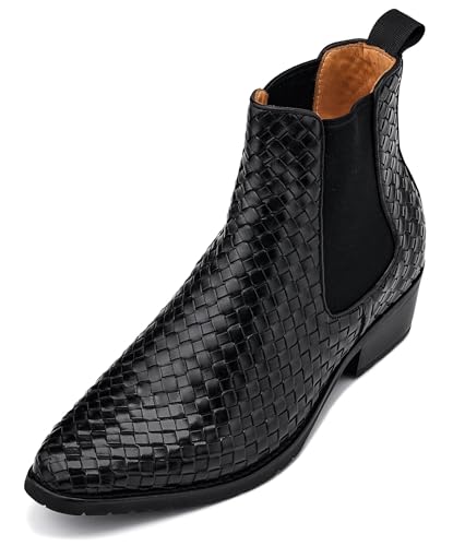 Image of CALTO Men's Invisible Height Increasing Elevator Shoes - Black Premium Leather Woven Slip-on Chelsea Ankle Boots - 3.3 Inches Taller - K30521 - Size 6 D(M) US
