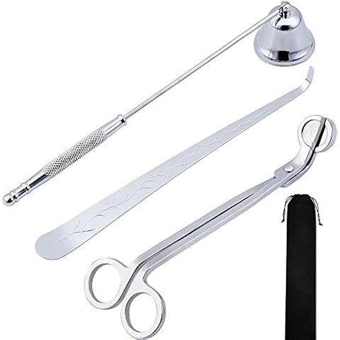 Candle Trimmer 3 pieces Stainless Steel Wick Snuffer Silver Candle Care Kit Accessories in Storage Bag to Cut Spent Wicks Allow Cleaner Burn and Prevent Soot Buildup Cover