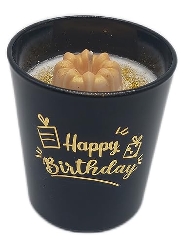 Duftkerze mit 3D Kuchen und goldenen Happy Birthday Spruch und hochwertigen Sojawachs ideal als Wohn-/Esszimmerdeko und für deinen Herzensmensch