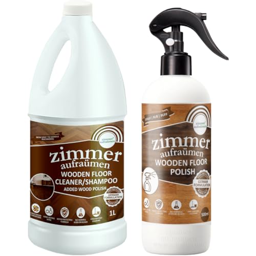 Image of Zimmer Aufraumen Wooden Floor Cleaner 1 L+ Wood Floor Polish Spray 450ml COMBO. Formulated for Wooden Floors and Laminated Surfaces. Cleaning + Shining wooden floors. Kids & Pets Safe.