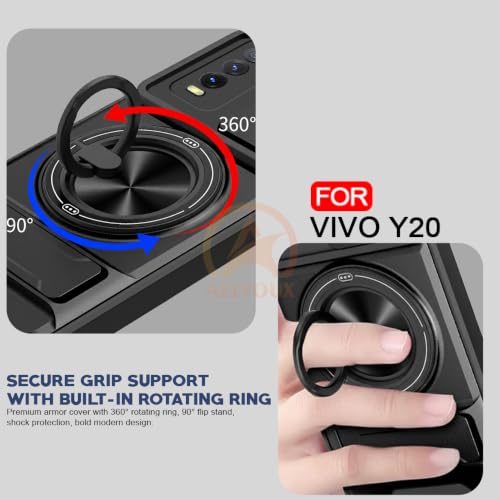 Image of Vivo Y12s / Y20 / Y20i Back Cover | Armor Camera Slider 360 Degree Rotating Finger Ring Holder Case with Bracket Stand Back Case Cover (Compatible with MagSafe Accessories) (Black)