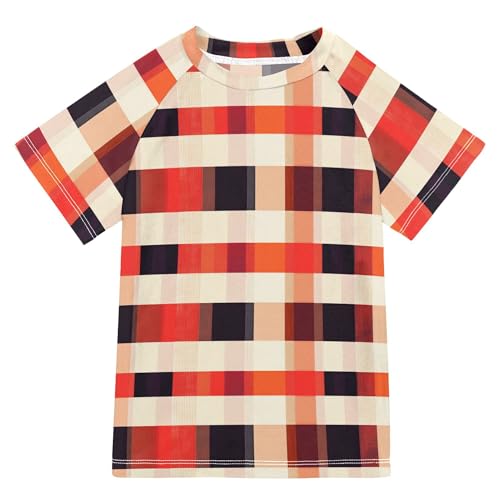 Wudan Buffalo Plaid Check Red Orange Girls Bathing Suit UV Protection Girls Swimsuit with Rashguard Swimwears Volleyball Shirts for Big Boys 11-12Y