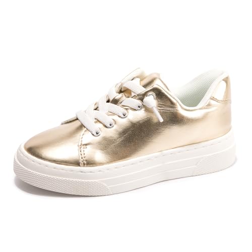 FUNKYMONKEY Girls Sneakers White Printing Lace Up Casual Walking Shoes Classic Tennis Skate for Little Kids/Big Kid (1 Little Kid, Gold)