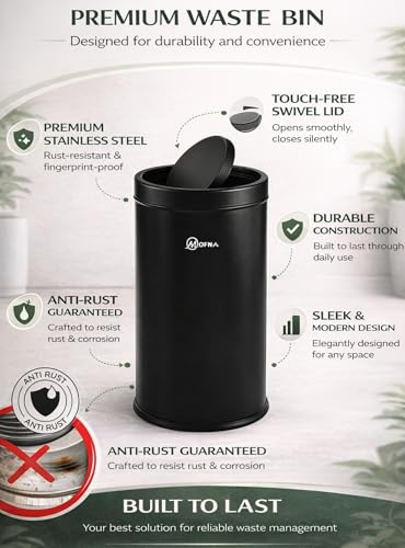 Image of mofna Stainless Steel Swing lid dustbin, Garbage Bin, Trash Can, with removable lid For Home, Kitchen, Bathroom, Office & Commercial Use - 12x28 In -60 Liter, Black, Pack of 1
