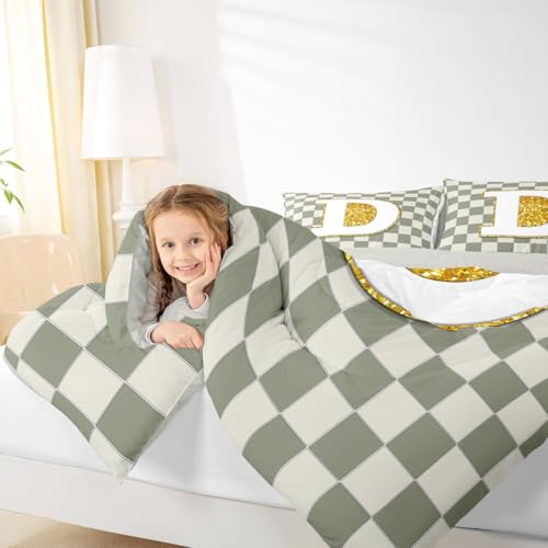 Image of Erosebridal Sage Green Checkered Comforter Set Full Plaid Initial D Bedding Set Personalized Monogram Comforter for Kids Adults,Fashion Grids Gingham Quilt Duvet