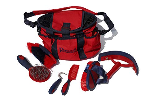 Rhinegold Grooming Bag With Kit, 7 Pieces Equestrian Grooming Gift Set that Includes All Types of Horse Hair Brush, Curry Comb, and Hoof Pick with a Multipurpose Horse Grooming Bag