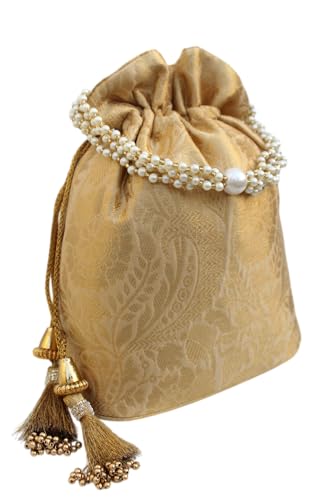 Image of MILAN'S CREATION Banarasi Silk Brocade Potli Bag Purse With Base Drawstring Women's handbag with Pearl Handle & Tassel Weddings