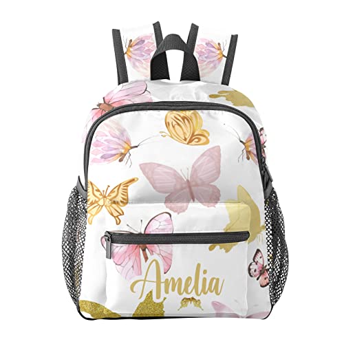 Pink Gold Butterfly Personalized Kids Toddler Backpack for Boys Girls, Custom Mini School Backpack Bags Kindergarten, 10 inches (L) x 4 inches (W) x 12 inches (H)
