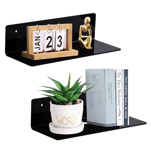 Image of Acrylic Floating Wall Shelves, 15 x 4 x 2.5 in, Clear, Set of 2, Modern Wall Mount Display Shelf (Black, 12 in, 2)