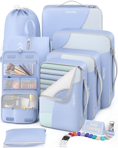 Image of 8 Set Packing Cubes for Travel, Gifts for Women Mom,Anti-Tearing Suitcase Organizer for Luggage with Shoe & Hanging Toiletry Bag,OlarHike Vacation Essentials & Accessories for Cruise Ship,Blue