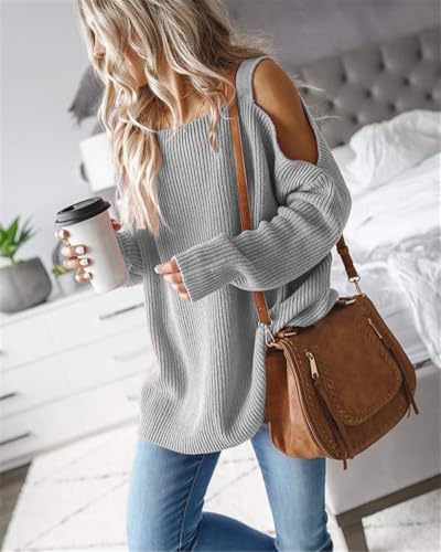 Women's Cold Shoulder Oversized Sweater Long Sleeve Square Neck Chunky Knit Fall Women's Strapless Sweater Top2