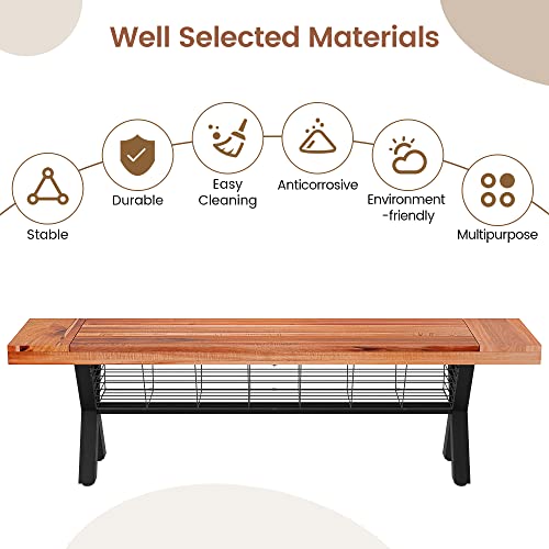 Stmhom Outdoor Bench With Storage Basket, Outdoor Acacia Wood And Rustic Metal Bench, Teak Finish/Rustic Metal, Backless Wooden Garden Park Bench, Modern Slim Outdoor Dining Furniture,Teak Color #TOP4