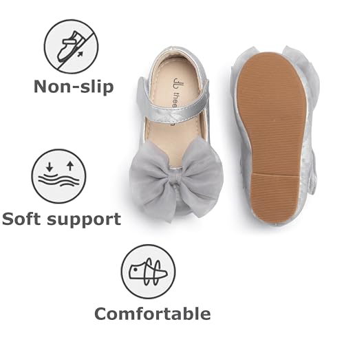 THEE BRON Girls Mary Jane Ballet Flats with Bow Toddler Dress Shoes for Party Outfits(G06 Silver/13M)