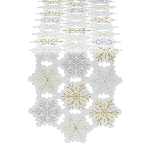 DII Embroidered Holiday Table Décor Collection Christmas Kitchen, Snowflakes Table Runner, 14x54, Silver & Gold