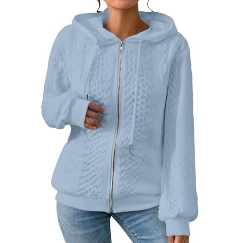Image of Zip Up Hoodie Women Hoodies for Women UK Long Sleeve Sweatshirt Loose Cable Knit Textured Ladies Tops Drawstring Lounge Trendy Jacket for Daily Outdoor Autumn Winter Light Blue