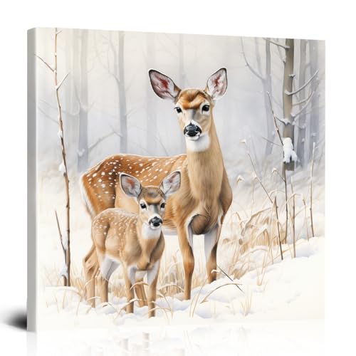 Wall Art Canvas for Living Room, Animal Wall Art Featuring a Tender Mother Deer and Fawn in Snowy Forest, Warm Wildlife Oil Painting with Soft Gray White Tones and Cozy Atmosphere, Modern Wall Art for Office Entryway Bedroom (A, 24×24 inch)