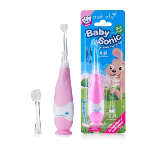 Brush-Baby - BabySonic Pink Electric Toothbrush 0-36 Months - Soft Gentle Vibrating Toothbrush for Sensitive Gums & New Teeth - with LED Light & Suction Base - Baby & Toddler Brush Heads