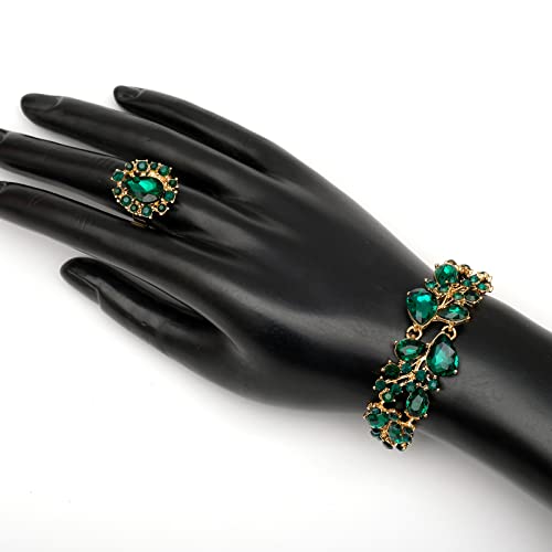 Csy 4 Pcs/Set Austrian Crystal Necklace Earrings Bracelet Ring Bridal Jewelry Sets For Brides Wedding Party Costume Accessories Gifts For Women (02-Gold Plated-Green) #TOP5