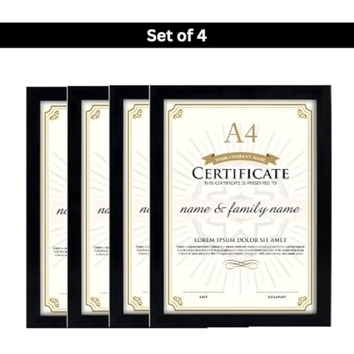 Image of Blank A4 Photo Frame - Black Picture Frames for Wall Decor and Table Top - Premium Synthetic Wood Frames with Acrylic Glass for Certificates, Documents and Home Decoration (Pack-4)