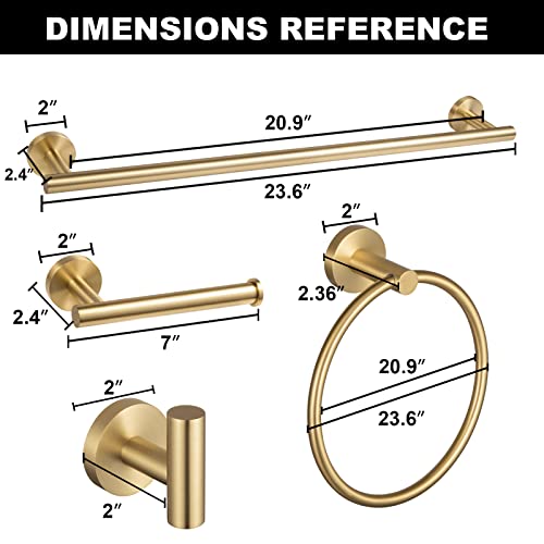 5-Piece Bathroom Hardware Set Brushed Gold, Lava Odoro Towel Rack Set Stainless Steel Wall Mounted - Include 23.6 In Bath Towel Bar, 2 Robe Towel Hooks, Toilet Paper Holder And Towel Ring #TOP6