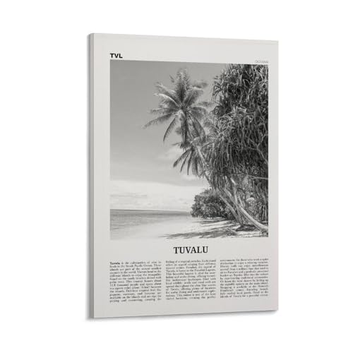 LZTEN Impression Tuvalu en noir et blanc, art mural Tuvalu, poster Tuvalu, photo de Tuvalu, décoration murale Tuvalu, carte de Tuvalu, affiche d'art mural sur toile encadrée 61 x 91,4 cm