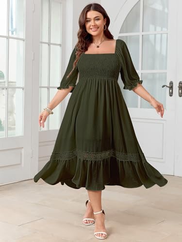 Image of SCOMCHIC Women's Plus Size Boho Maxi Dress Short Sleeve Square Neck Smocked Flowy A-Line Lace Trim Wedding Guest Dresses