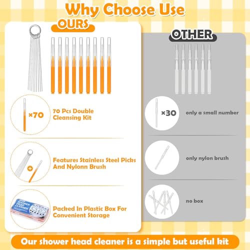 Image of 80 Pcs Shower Head Cleaner Tool, 70 Pcs Shower Head Cleaning Brush Picks for Unclogging Small Hole,10 Pcs Functional Nozzle Unclogger for Showerhead with Storage Box for Household Bathroom (Orange)