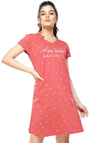 Image of ZEYO Women's Cotton Night Dress Star Printed Brown Knee Length Night Gown 5316