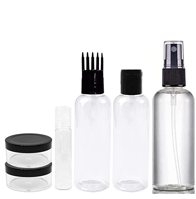 Hunky Dory 6pcs Combo Multipurpose Cosmetic Travel Kit Set, Refillable Spray Bottle, Flip-top Bottle, Hair Root Applicator Bottle, Roll-on Bottle,Mini Jars.(Pack of 6)