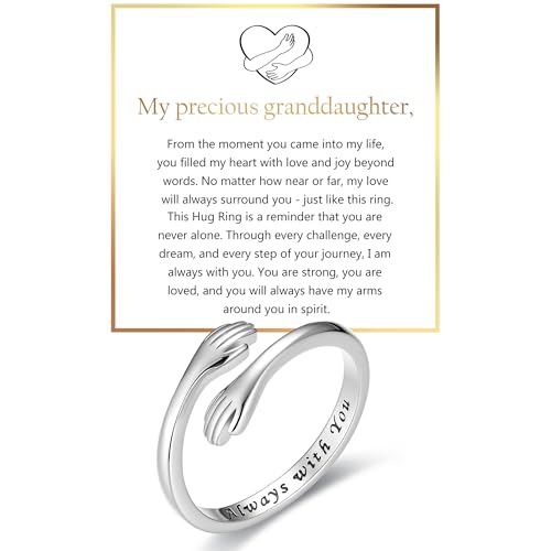 RANKEEF S925 Sterling Silver Hug Ring for Granddaughter Adjustable Ring for Women Birthday Christmas Gifts for Daughters Tarnish Free Jewelry Gift for Her Hope Rings for Granddaughter
