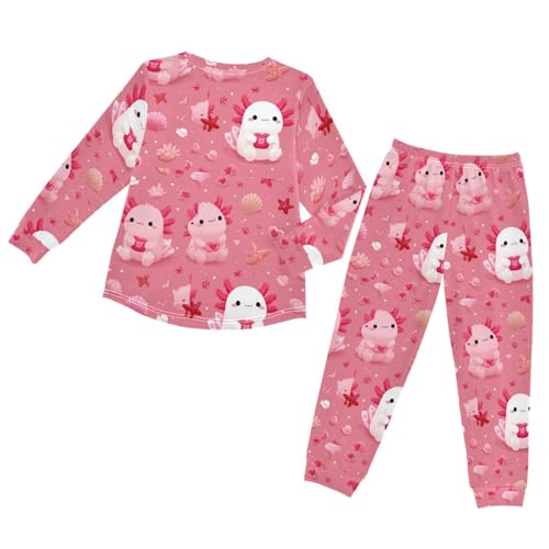 Cute Axolotls Pink Hearts Soft Pajama Set for All Seasons,Breathable Pjs Long Sleeve Sleepwear,Comfy Loungewear 2 Piece Underwear Set 3T2