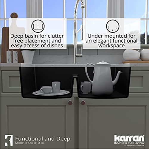 Karran QU-810 32\" Undermount Double Bowl Quartz Kitchen Sink Kit, Black Composite, Equal Bowls, Scratch Resistant, Heat Safe, Noise Reducing, Includes Grids & Strainers