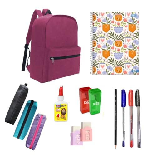 Kit Material Escolar 11 itens Ensino Médio Fundamental Feminino Completo Mochila Estojo Canetas Lápis Cola Borracha