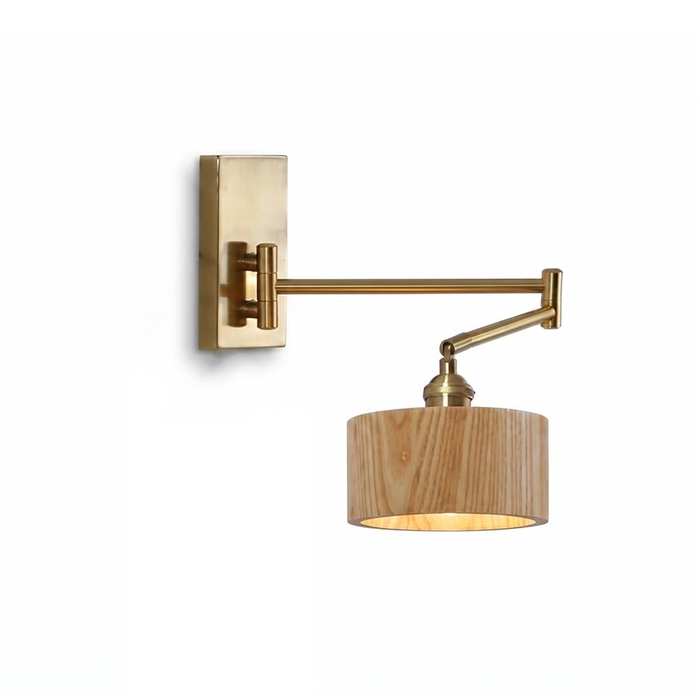 ITOSUI Swing Arm Wall Sconce with Solid Wood Shade Gold Metal Base Adjustable Reading Wall Lamp Hardwire Connection Bedside Lamp for Bedside Bedroom Study Living Room Hallway E26 Base(Wood,1-Pack)