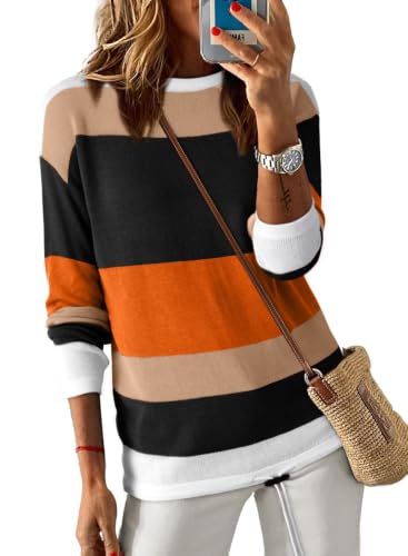 Image of Dokotoo Womens Sweaters Striped Fall Winter Outfits Drawstring Color Block | Long Sleeve,Crewneck,Lightweight Fashion Clothing,Teachers Comfy Outfits,Business Casual Tops,Vacation Wear