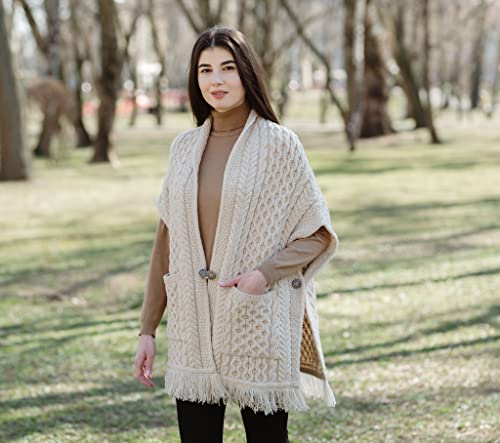 SAOL 100% Merino Wool Shawl/Poncho Sweater/Open Cardigan/Wool Cape with Pockets with Fringe Trim and Trinity Knot Button4