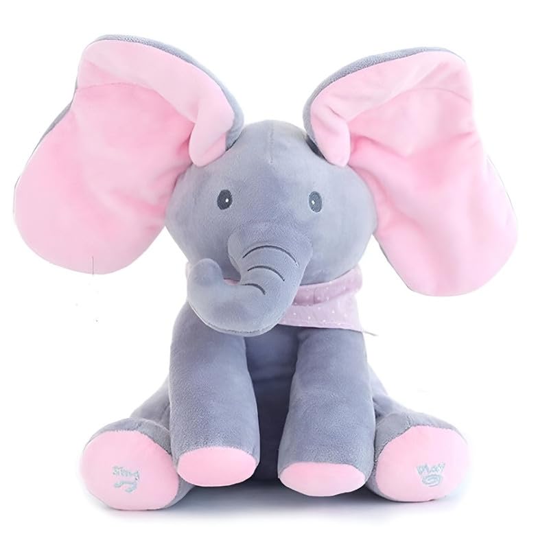 Image of Musical Peek A Boo Elephant Plush Toy with Moving Ears, Interactive Soft Stuffed Animal for Babies, Toddlers & Kids, Cute Nursery Birthday Gift