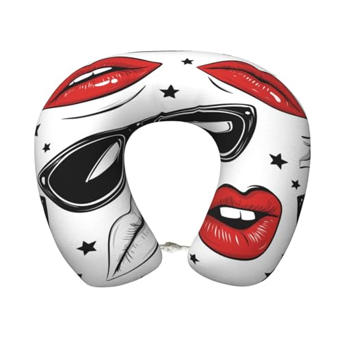 Entemne Memory Foam Travel Pillow Red Lips Sunglass Pattern Comfortable U Shaped Neck Support Pillow For Kids Adults Airplanes Cars Office Use With Removeable Pillowcase