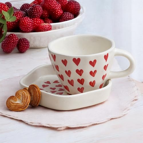 Image of Ceramic Cup and Saucer Set of 1 | Designer Coffee Tea Cup with Matching Saucer | Stylish Heart Print Design, ceramic gift mug set | Stylish Stoneware Multi-Purpose Cup Saucer | White