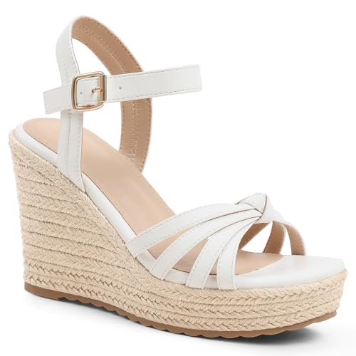 mikarka Sandals for Women 2026: Comfortable Wedge Platform Sandals Women - Braided Espadrilles for Women Ankle Strap Open Toe Wedges Heels Beach Sandals Summer Shoes White, US Size 8.5