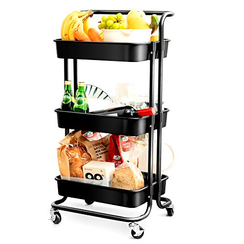【Amazon.co.jp 限定】 チチロバ(TITIROBA) キッチンワゴン 3段 スリム ワゴン 収納 大容量 組立簡単 おしゃれ キャスター付き 45kg耐荷重 バスケットトローリー 収納カート スリムトローリー キッチン 台所 浴室 寝室 リビング ブラック