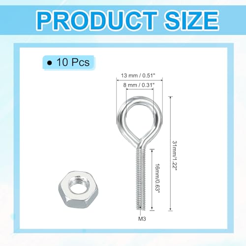 Image of PATIKIL M3x16mm Eye Bolts, 10 Pcs Carbon Steel Threaded Eyebolt Eye Hooks Screws with Nut for Hanging or Securing Cables Silver