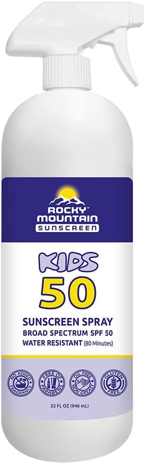Rocky Mountain Sunscreen KIDS SPF 50 SPRAY | Water-Resistant | Broad Spectrum UVA/UVB | Non-Greasy | Fragrance Free | Vegan | Gluten Free | Reef Safe (Octinoxate & Oxybenzone Free) | Quart with Trigger Sprayer (32 FL OZ)