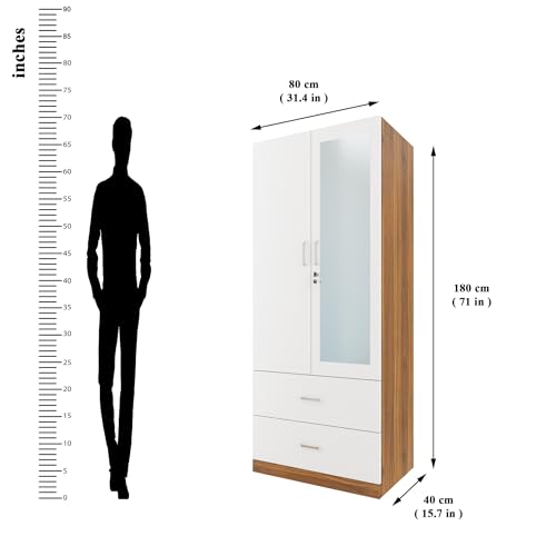 Image of VIKI Wardrobe | Wooden Almirah for Clothes,Door for Bedroom, 2 Door Wardrobe with Drawer, Mirror & Hanging Space (Walnut & White - 40D x 80W x 180H) | 1 Year Warranty | Free Assembly