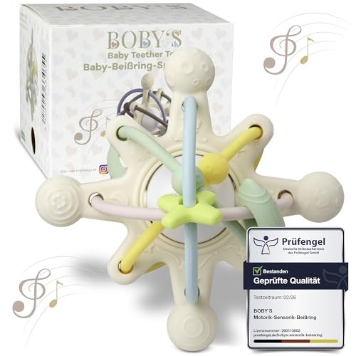 BOBY´S Baby Beißring Sensorisch, Motorikspielzeug Beißspielzeug,Rassel in einer Kombination Greiflinge Aus Silikon 100% BPA frei Spielzeug Rassel Beißring Baby Sensorikspielzeug zum Greifen,MilkWhite