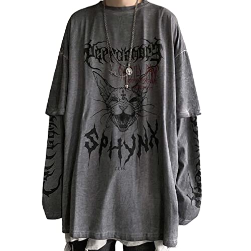 Gothic Cat Head Print T-Shirt - Y2K Couple Long-Sleeved Harajuku Style