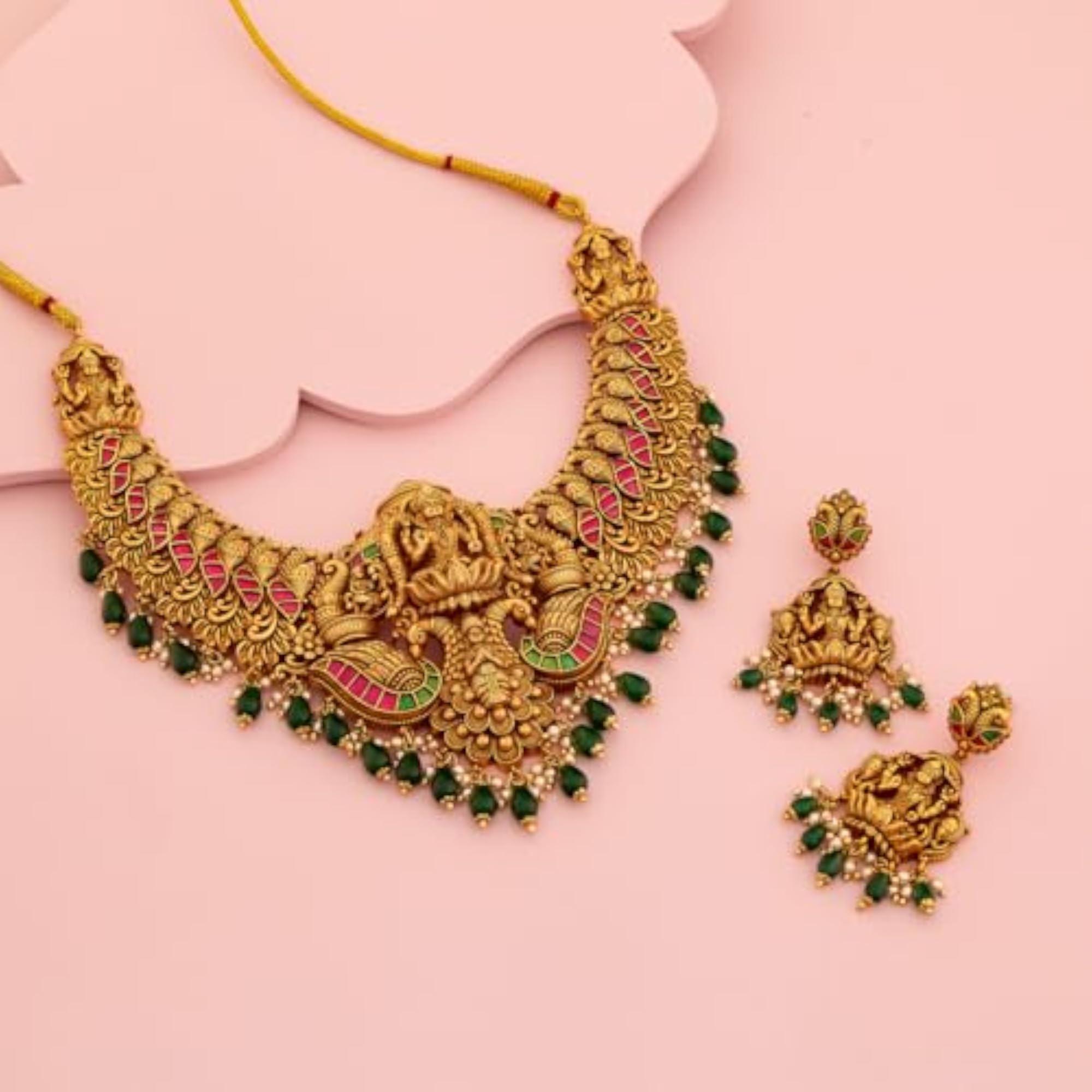 Women's Ruby-Green Gold Polished Antique Necklace Set